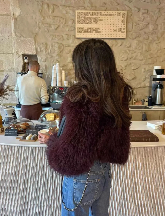Women's Dark Red Faux Fur Jacket – Cropped Fluffy Winter Jacket