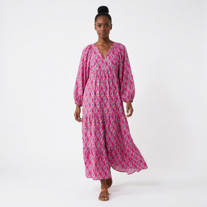 Women's Geometric Print Boho Maxi Dress – V-Neck Puff Sleeve Tiered Dress | Isabella