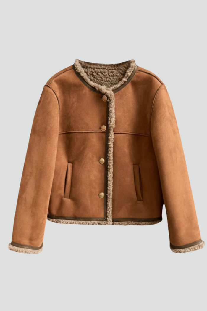 Women's Cropped Aviator Jacket – Faux Shearling Trim Sherpa Jacket