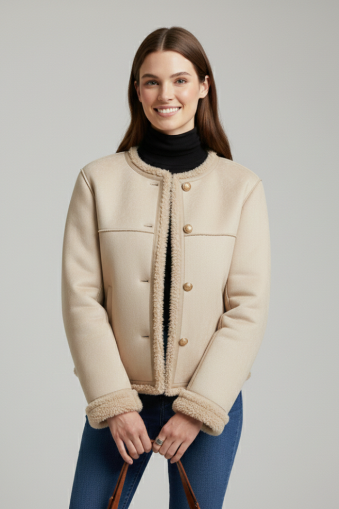 Women's Cropped Aviator Jacket – Faux Shearling Trim Sherpa Jacket