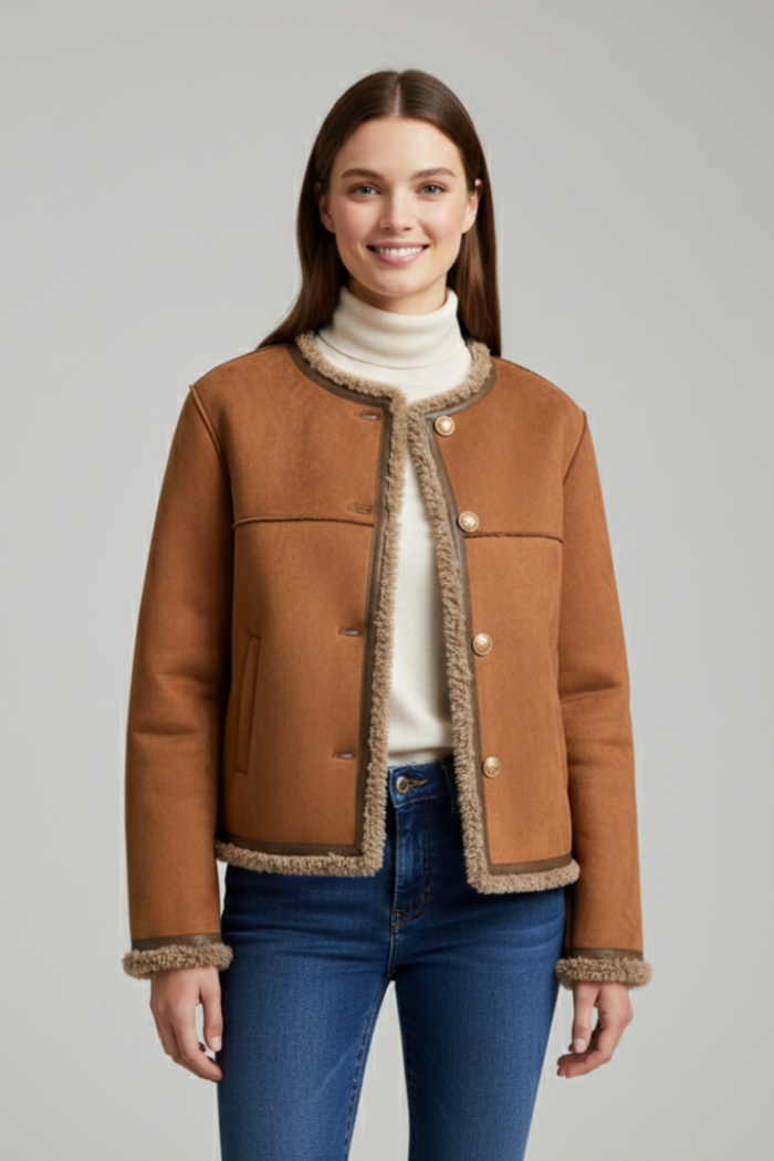 Women's Cropped Aviator Jacket – Faux Shearling Trim Sherpa Jacket