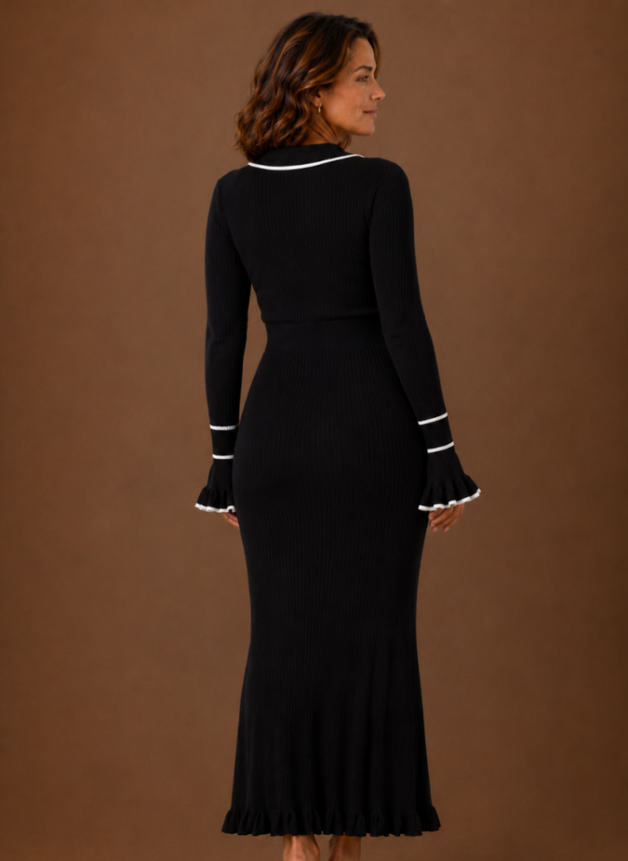 Women's Polo Collar Sweater Dress – Ribbed Knit Maxi Dress with Contrast Trim & Ruffle Hem