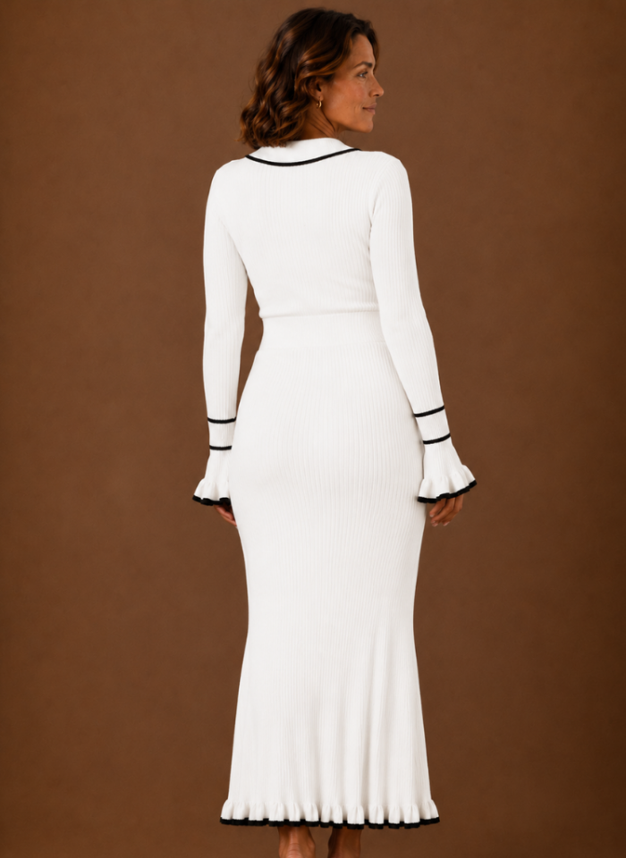 Women's Polo Collar Sweater Dress – Ribbed Knit Maxi Dress with Contrast Trim & Ruffle Hem