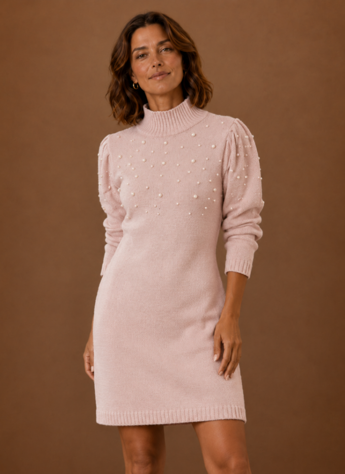 Women's Pearl Embellished Sweater Dress – High Neck Long Sleeve Knit Mini Dress