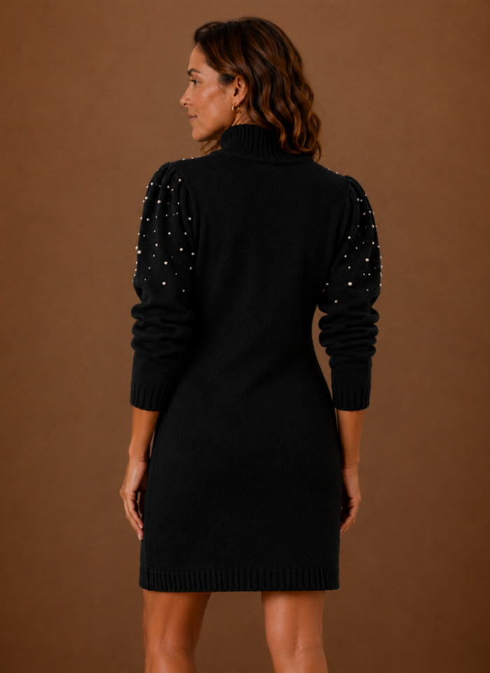 Women's Pearl Embellished Sweater Dress – High Neck Long Sleeve Knit Mini Dress