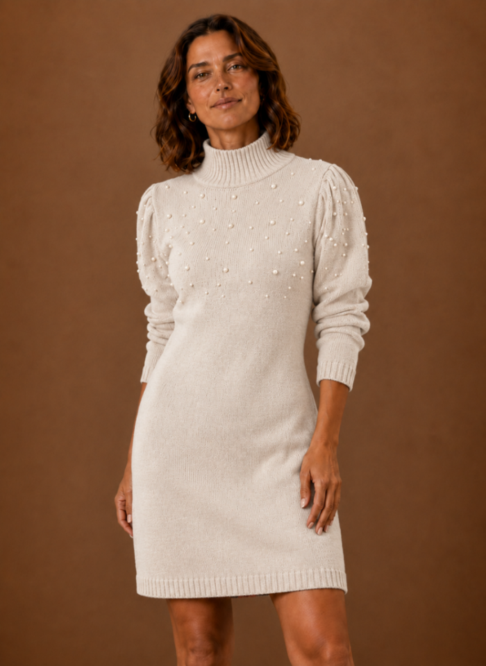 Women's Pearl Embellished Sweater Dress – High Neck Long Sleeve Knit Mini Dress