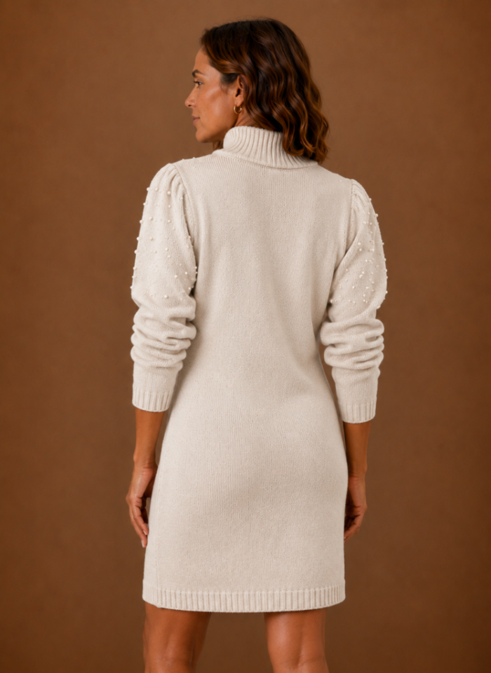 Women's Pearl Embellished Sweater Dress – High Neck Long Sleeve Knit Mini Dress