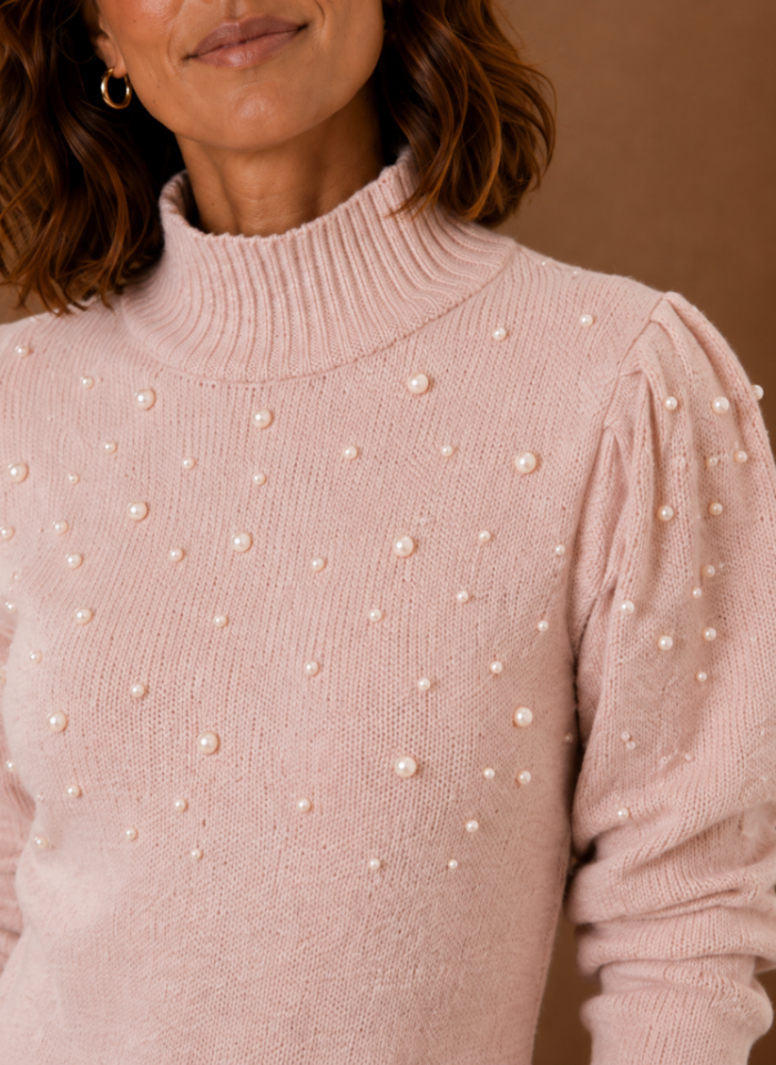 Women's Pearl Embellished Sweater Dress – High Neck Long Sleeve Knit Mini Dress