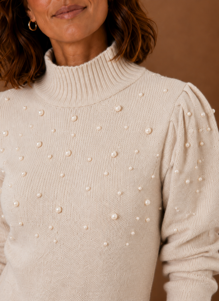 Women's Pearl Embellished Sweater Dress – High Neck Long Sleeve Knit Mini Dress