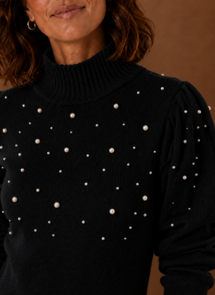 Women's Pearl Embellished Sweater Dress – High Neck Long Sleeve Knit Mini Dress