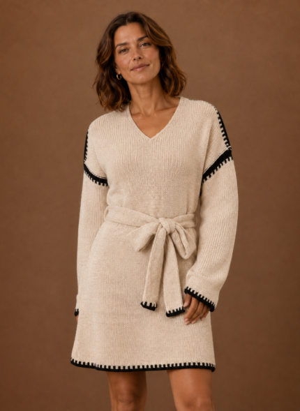 Women's V-Neck Sweater Dress with Belt – Long Sleeve Knit Mini Dress with Contrast Trim