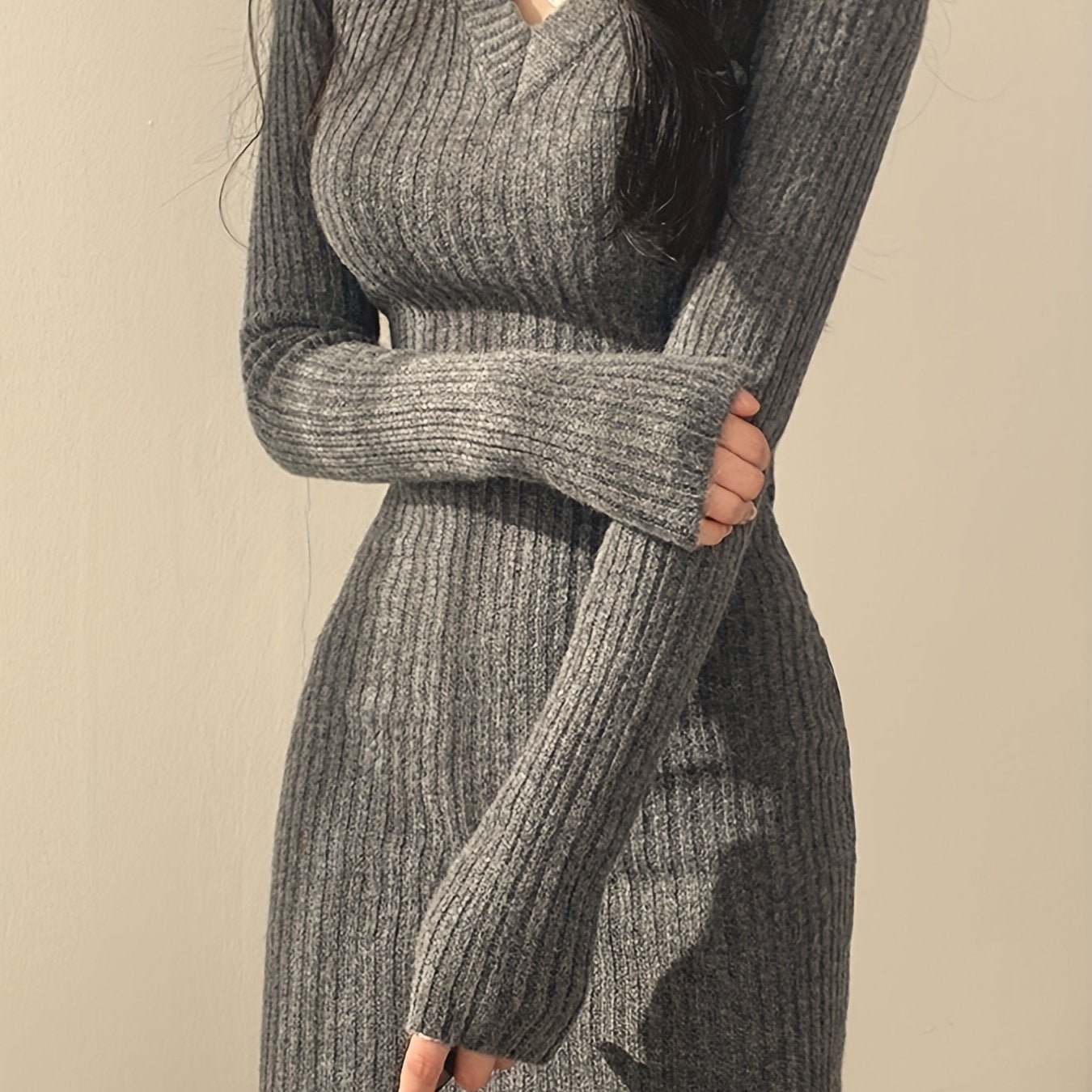 Women's Ribbed Knit V-Neck Sweater Dress – Slim Fit Knit Dress | Marion