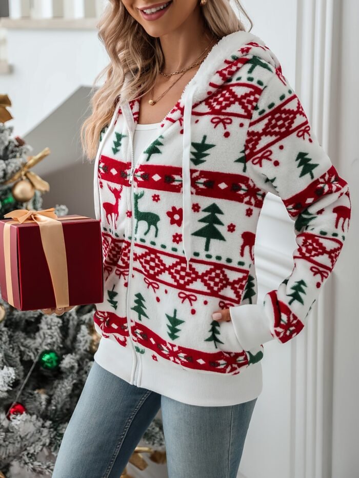 Women's Christmas Hooded Zip Cardigan – Festive Print Knit Sweater | Coraline