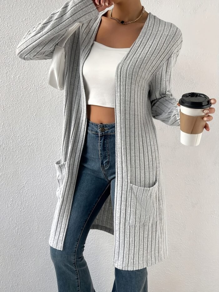 Women's Long Open-Front Cardigan – Ribbed Knit Longline Sweater | Ophelia