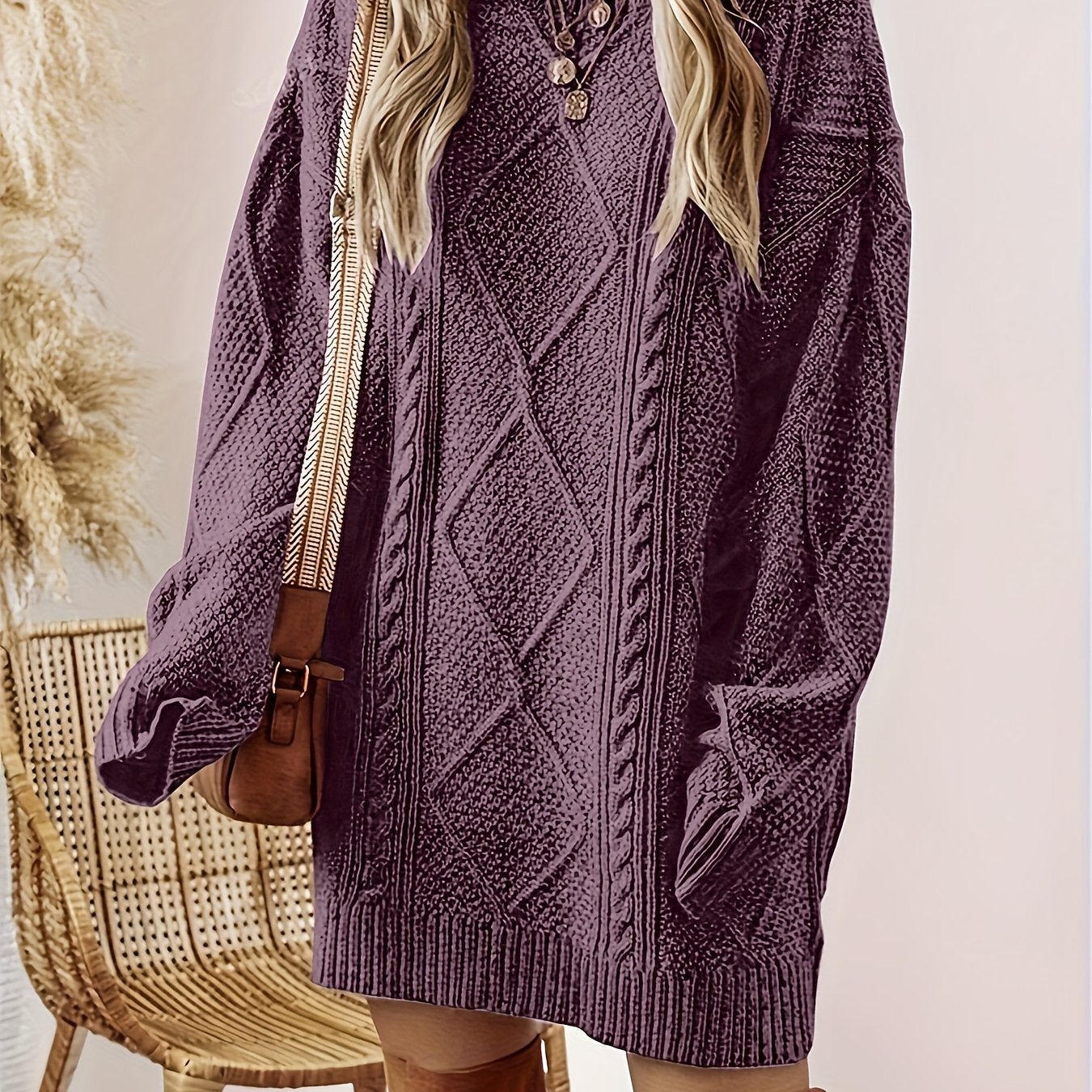 Women's Cable Knit Sweater Dress – Diamond Textured Round Neck Relaxed Knit Dress | Helene