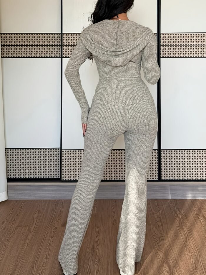 Women's Ribbed Knit Lounge Set – Zip-Up Jacket & Flared Pants Two-Piece Set | Cassia
