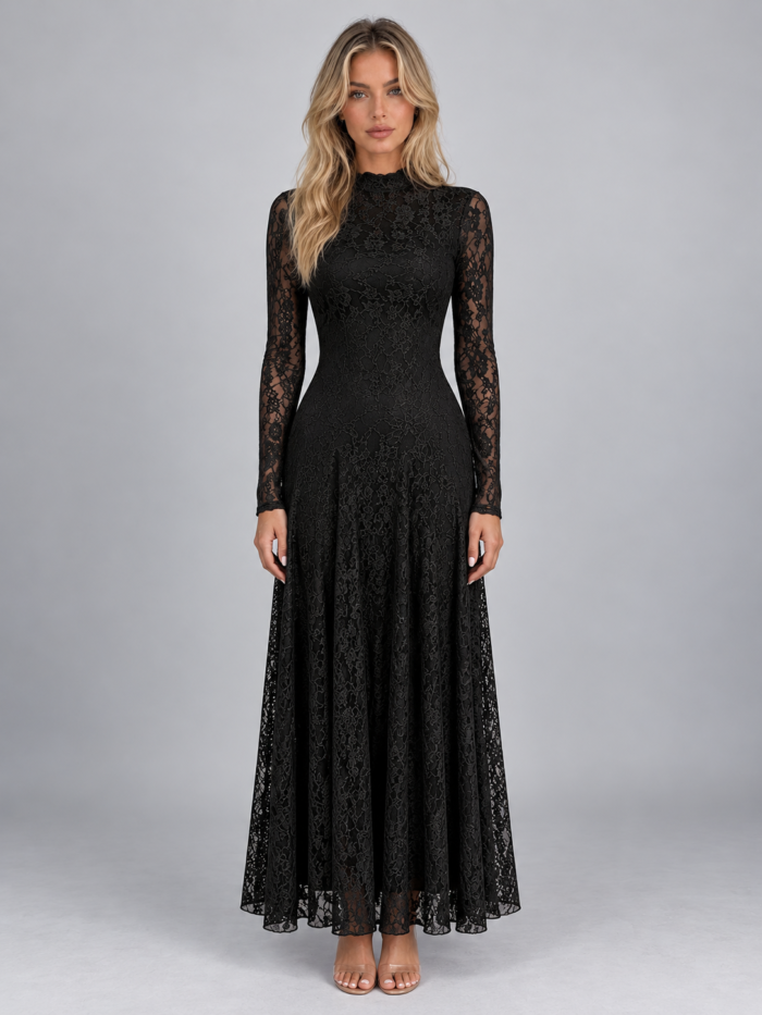 Women's Floral Lace Maxi Dress – Long Sheer Sleeve Evening Gown for Weddings & Formal Events