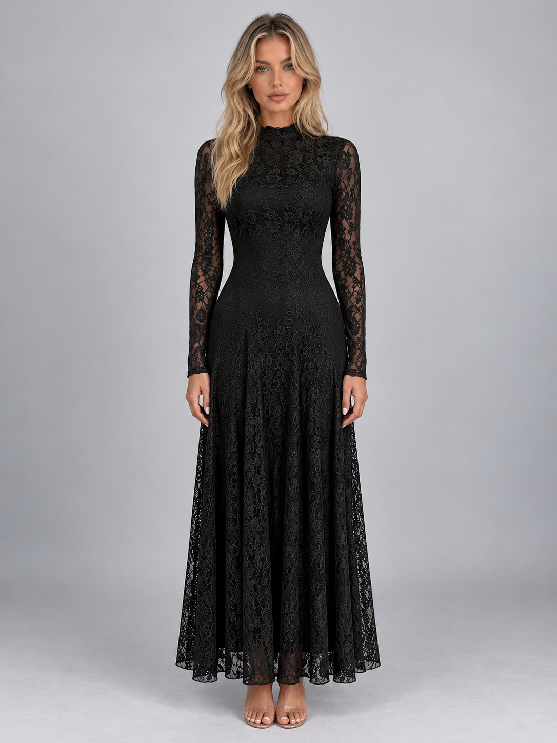 Women's Floral Lace Maxi Dress – Long Sheer Sleeve Evening Gown for Weddings & Formal Events
