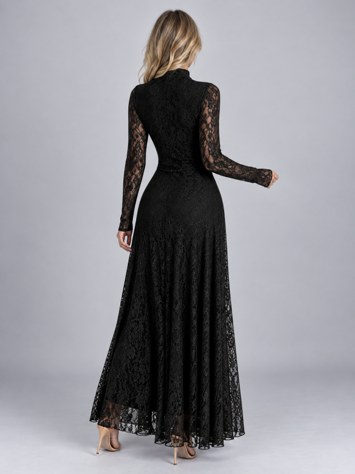 Women's Floral Lace Maxi Dress – Long Sheer Sleeve Evening Gown for Weddings & Formal Events