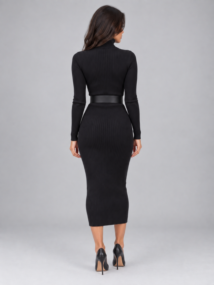 Women's Turtleneck Bodycon Sweater Dress – Belted Ribbed Knit Midi Dress, Long Sleeve