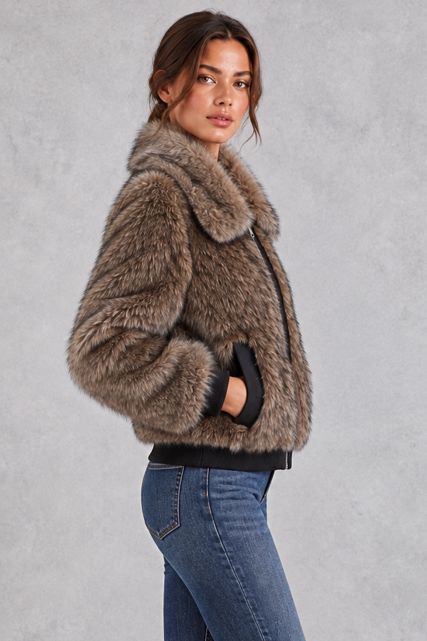 Women's Cropped Faux Fur Bomber Jacket – Zip Front Ribbed Cuff Plush Coat
