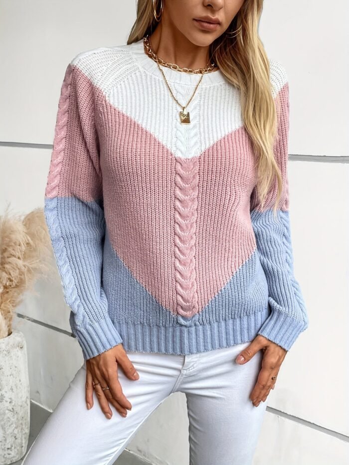 Women's Colorblock Knit Sweater – Round Neck Relaxed Pullover | Matilda