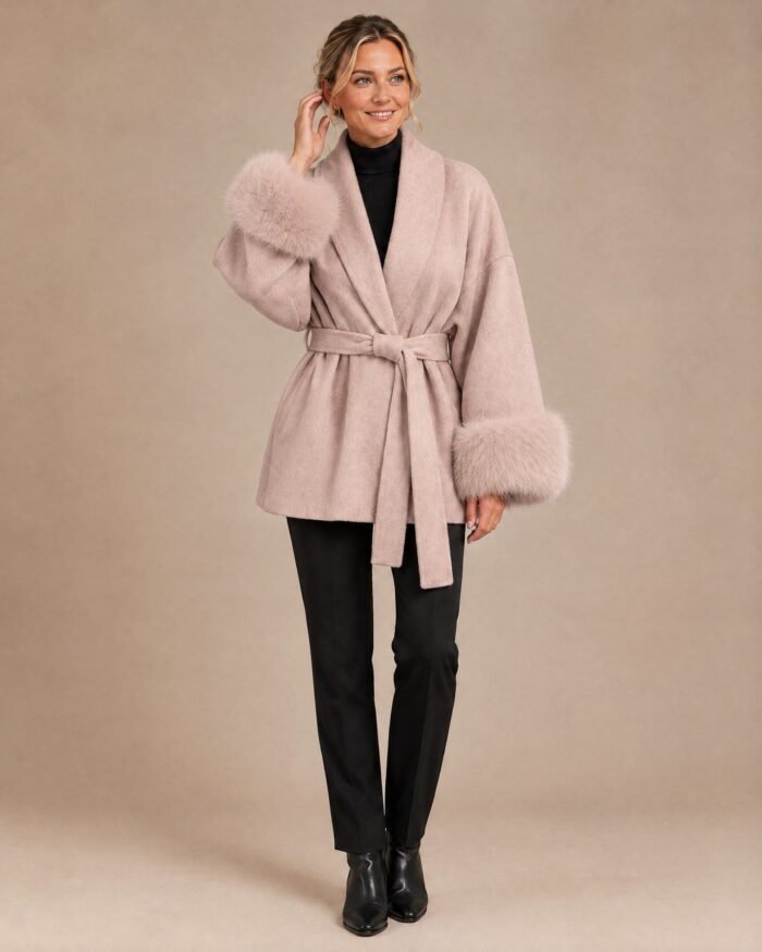 Celeste | Women's Belted Wrap Coat with Fur Cuffs