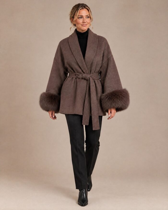 Celeste | Women's Belted Wrap Coat with Fur Cuffs