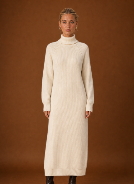 Women's Turtleneck Maxi Sweater Dress – Ribbed Knit Long Sleeve Fitted Dress