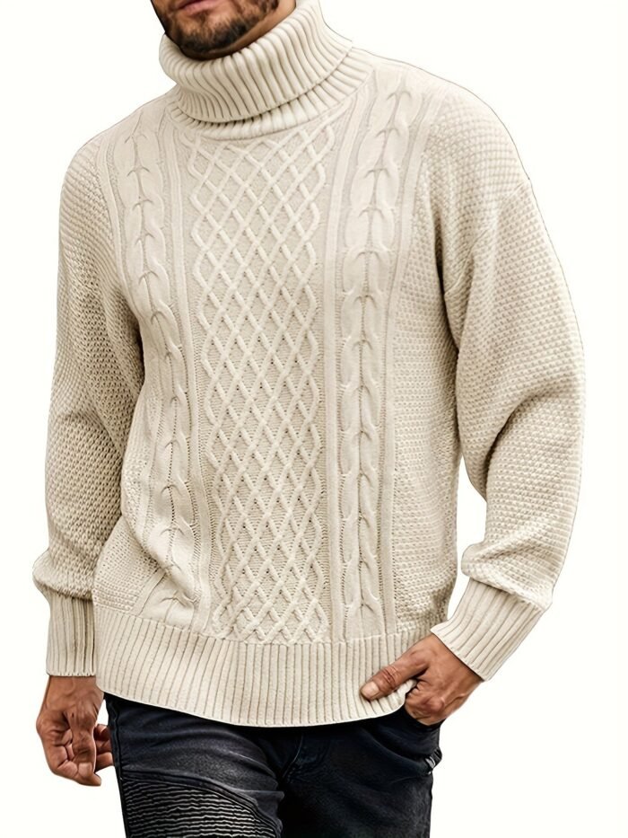 Men's Cable Knit Turtleneck Sweater – Classic Chunky Knit Pullover | Ambrose