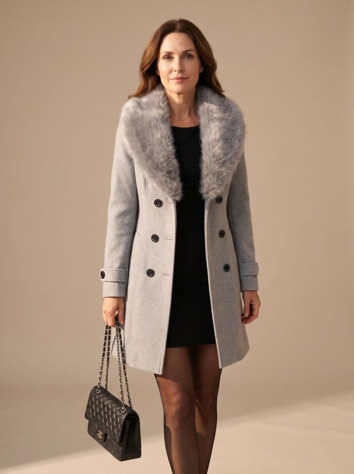 Women's Double-Breasted Coat – Slim Winter Coat with Faux Fur Collar