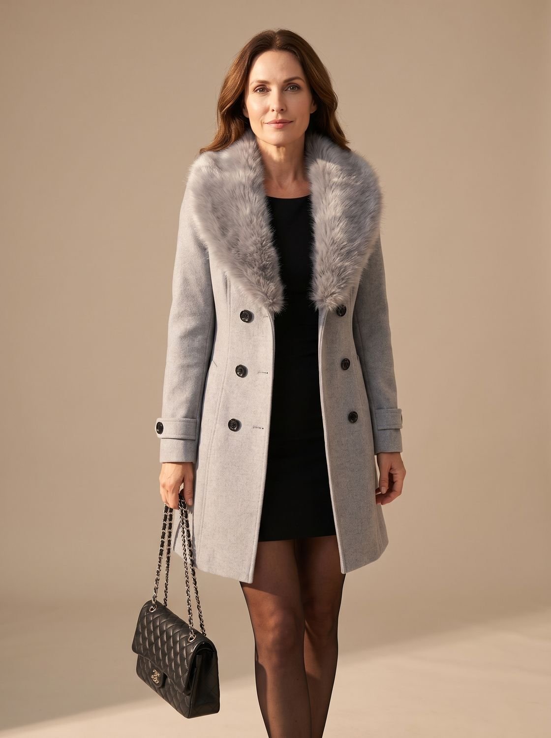 Women's Double-Breasted Coat – Slim Winter Coat with Faux Fur Collar