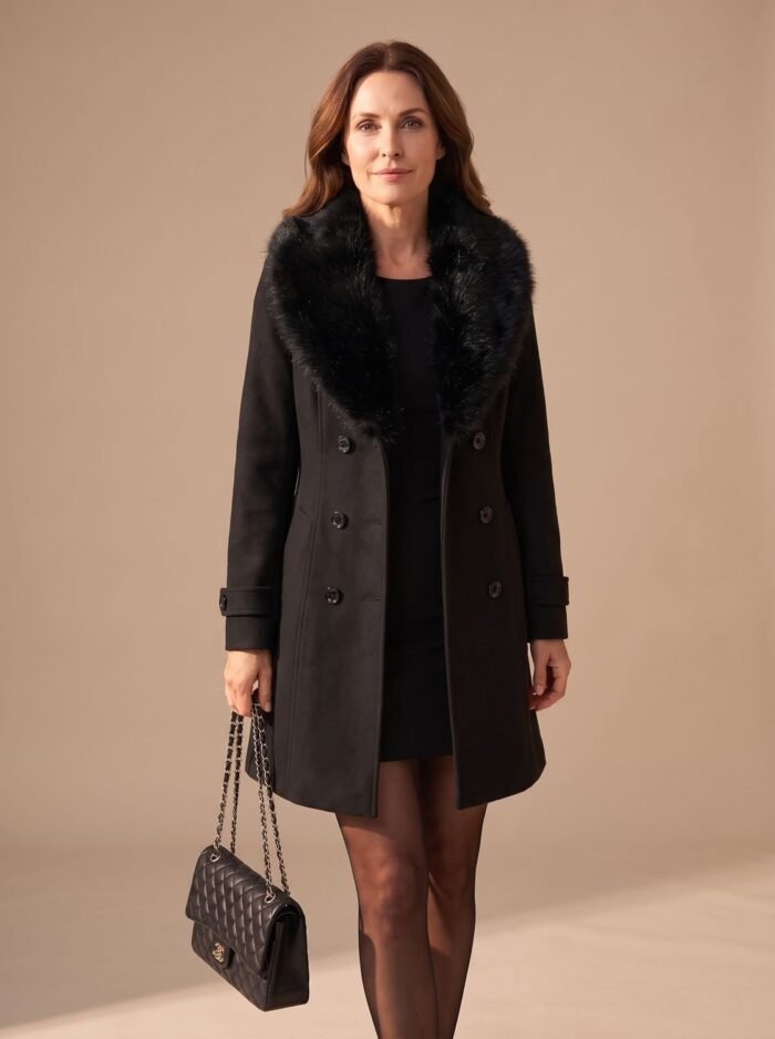 Women's Double-Breasted Coat – Slim Winter Coat with Faux Fur Collar
