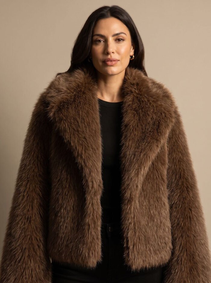 Women's Cropped Faux Fur Jacket – Oversized Collar Short Jacket