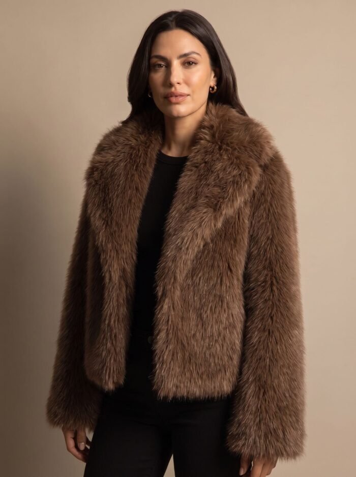 Women's Cropped Faux Fur Jacket – Oversized Collar Short Jacket