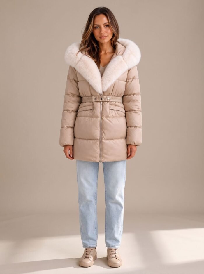 Women's Belted Quilted Jacket – Padded Zip Coat with Faux Fur Collar
