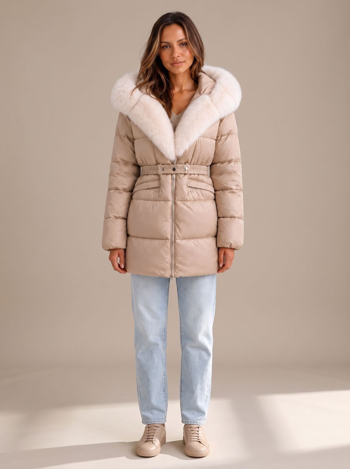 Women's Belted Quilted Jacket – Padded Zip Coat with Faux Fur Collar