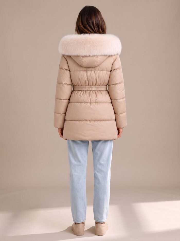 Women's Belted Quilted Jacket – Padded Zip Coat with Faux Fur Collar