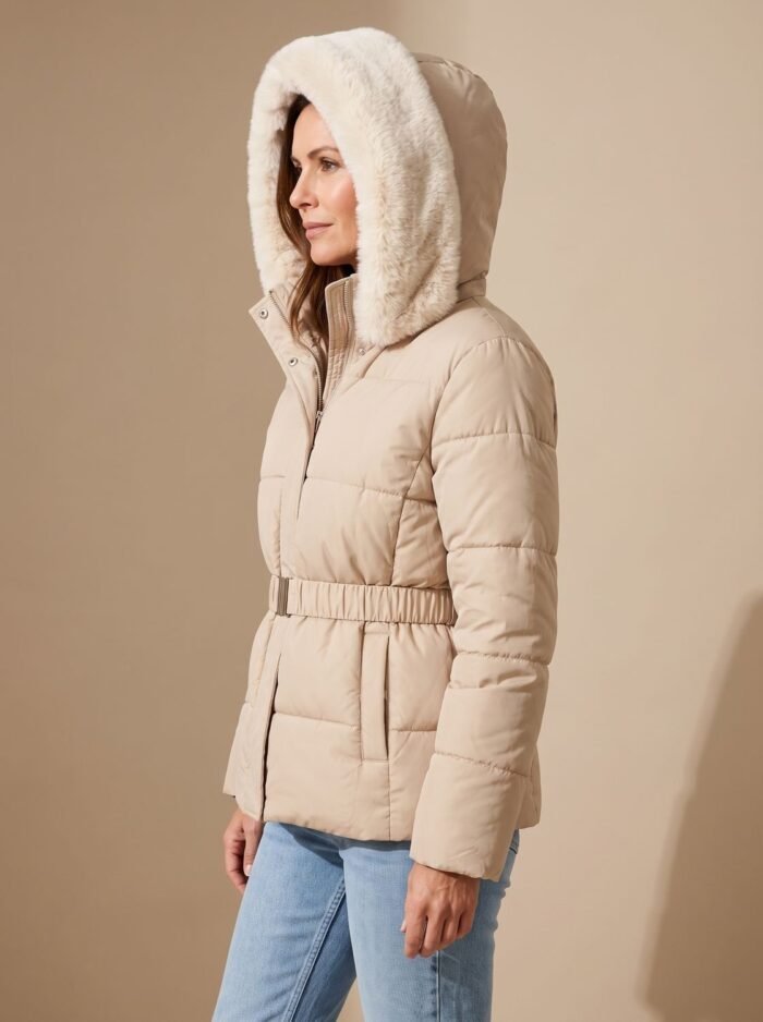 Women's Belted Quilted Jacket – Padded Zip Coat with Faux Fur Collar