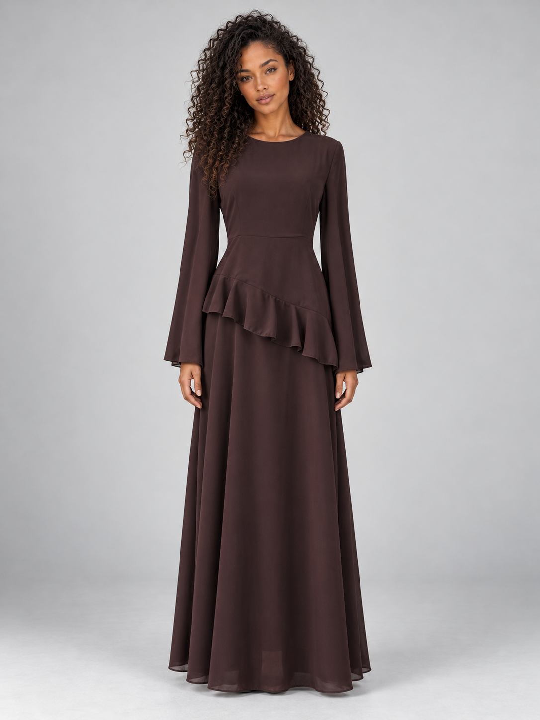 Women's Ruffle Maxi Dress – Long Bell Sleeve Lace-Up Back Formal Evening Gown