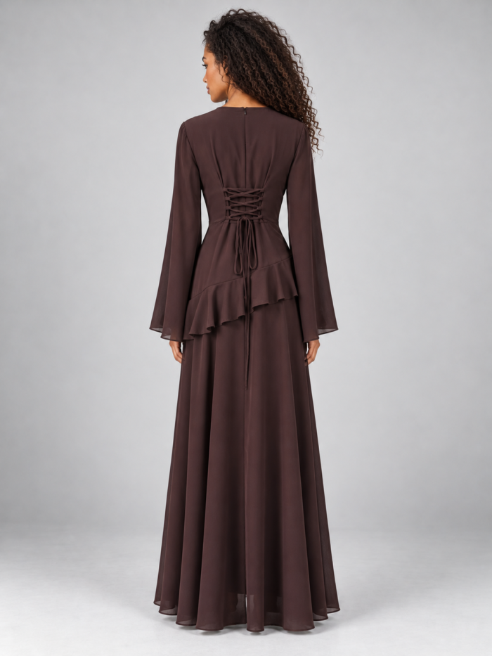Women's Ruffle Maxi Dress – Long Bell Sleeve Lace-Up Back Formal Evening Gown