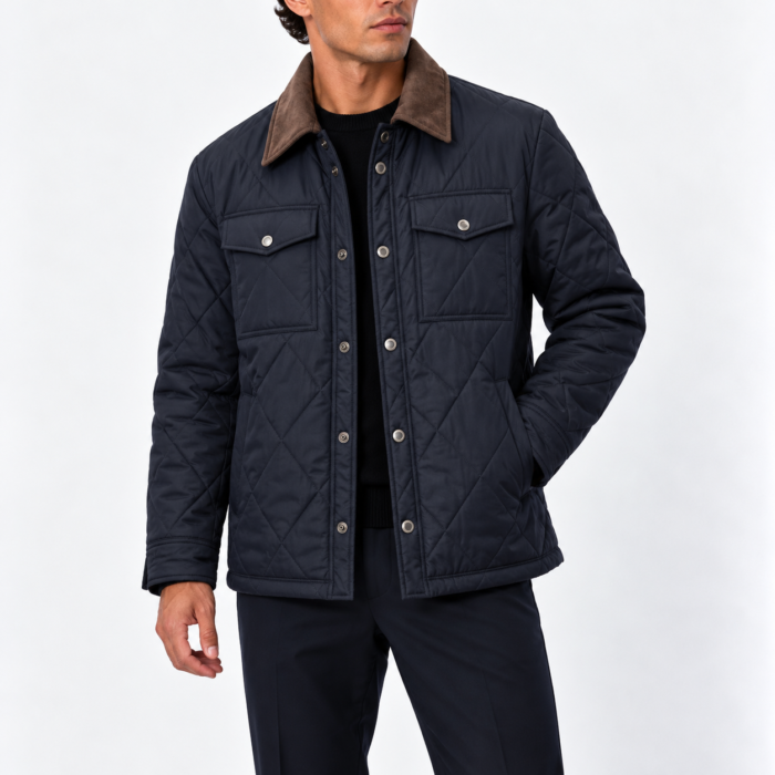 Men's Diamond Quilted Jacket – Corduroy Collar Button Front Jacket