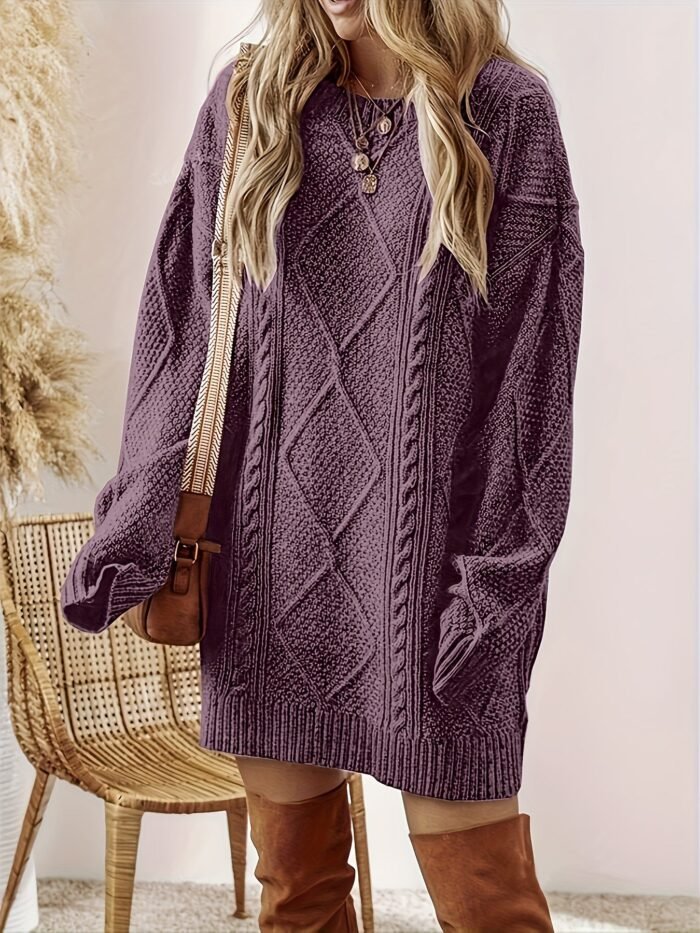 Women's Cable Knit Sweater Dress – Diamond Textured Round Neck Relaxed Knit Dress | Helene