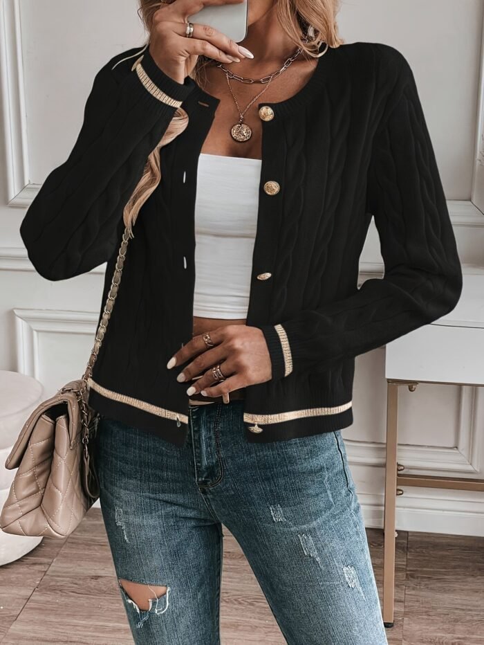 Women's Cable Knit Cardigan – Gold-Tone Button Front Knit Sweater | Claire