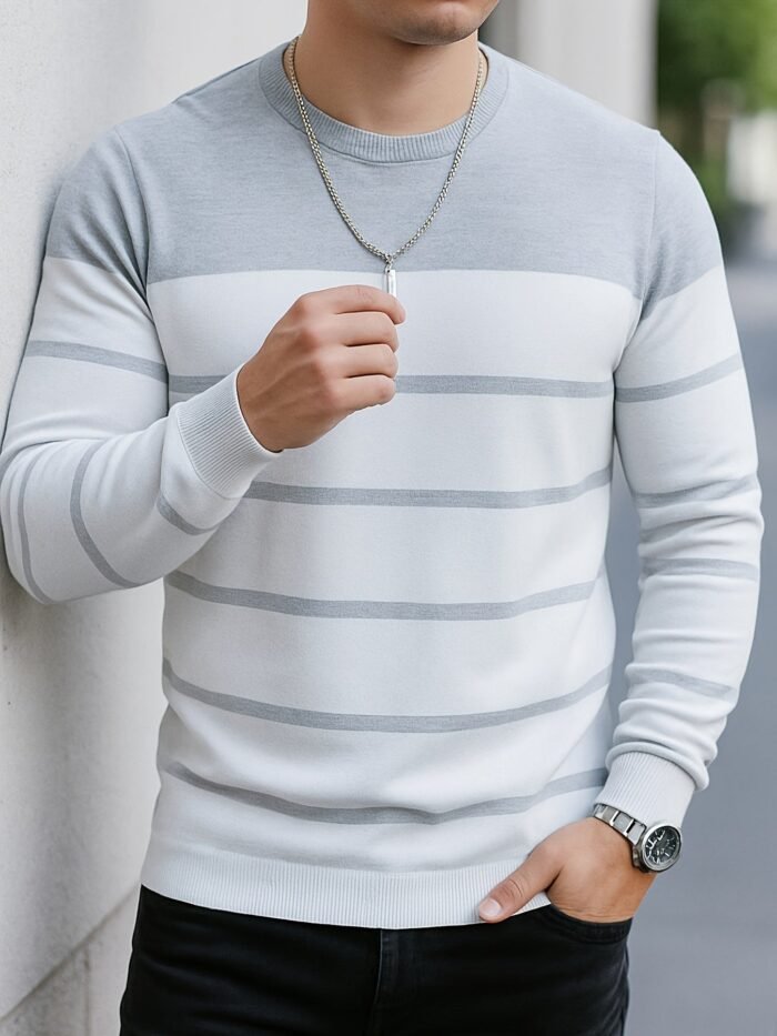 Men's Striped Crew Neck Sweater – Slim Fit Knit Pullover | Delvorn