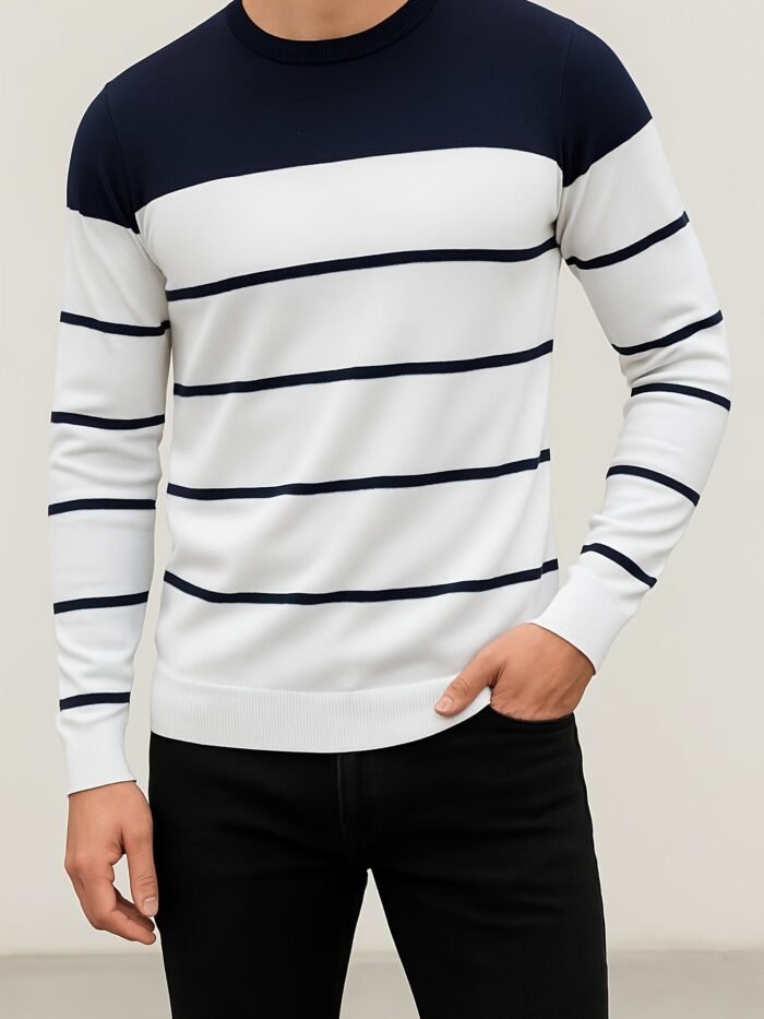 Men's Striped Crew Neck Sweater – Slim Fit Knit Pullover | Delvorn