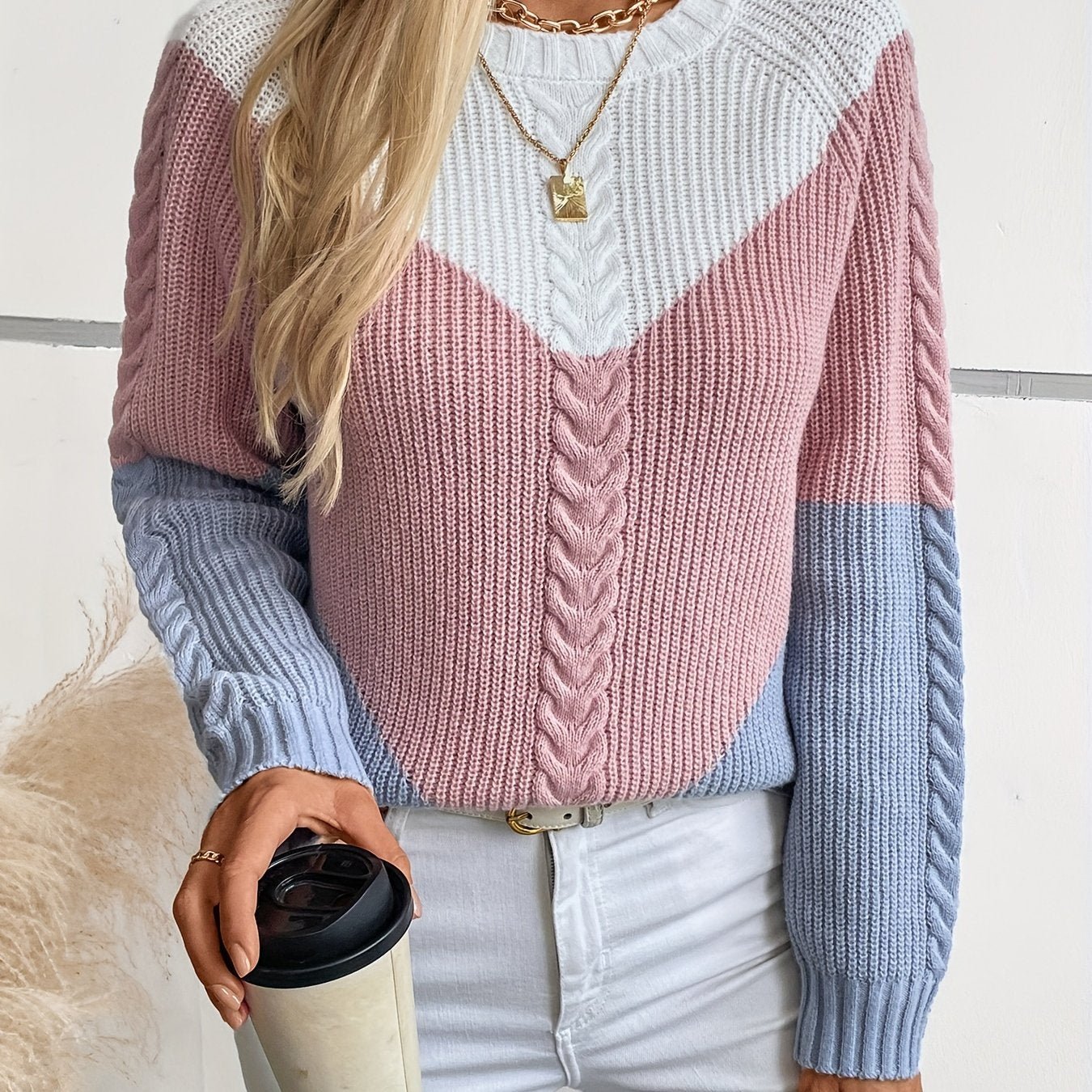 Women's Colorblock Knit Sweater – Round Neck Relaxed Pullover | Matilda