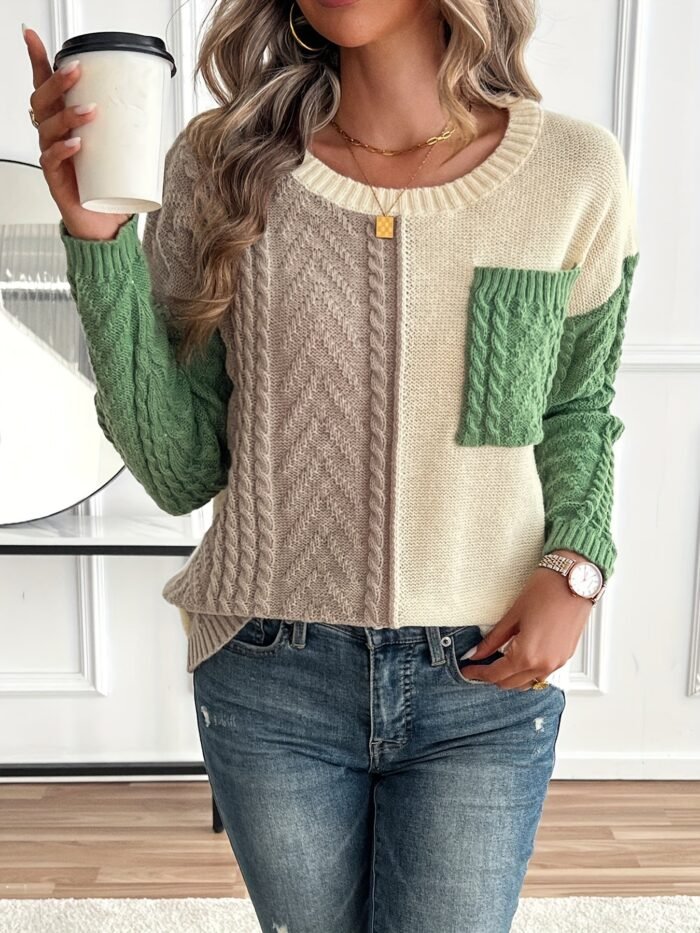Women's Color Block Cable Knit Sweater – Relaxed Crew Neck Pullover | Esme