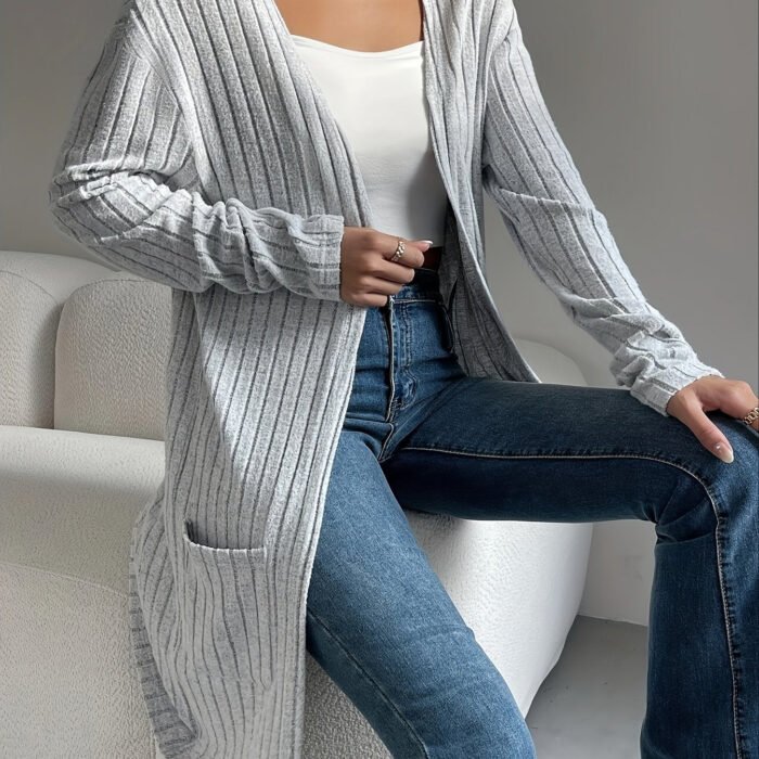 Women's Long Open-Front Cardigan – Ribbed Knit Longline Sweater | Ophelia