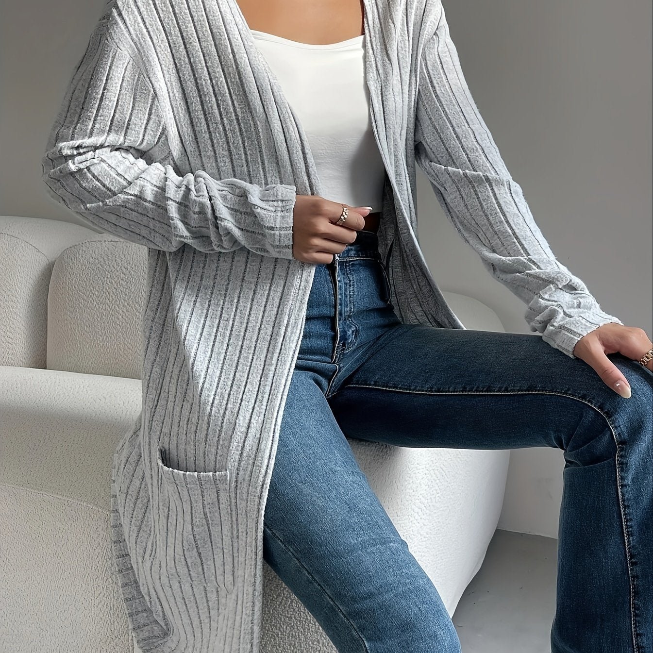 Women's Long Open-Front Cardigan – Ribbed Knit Longline Sweater | Ophelia